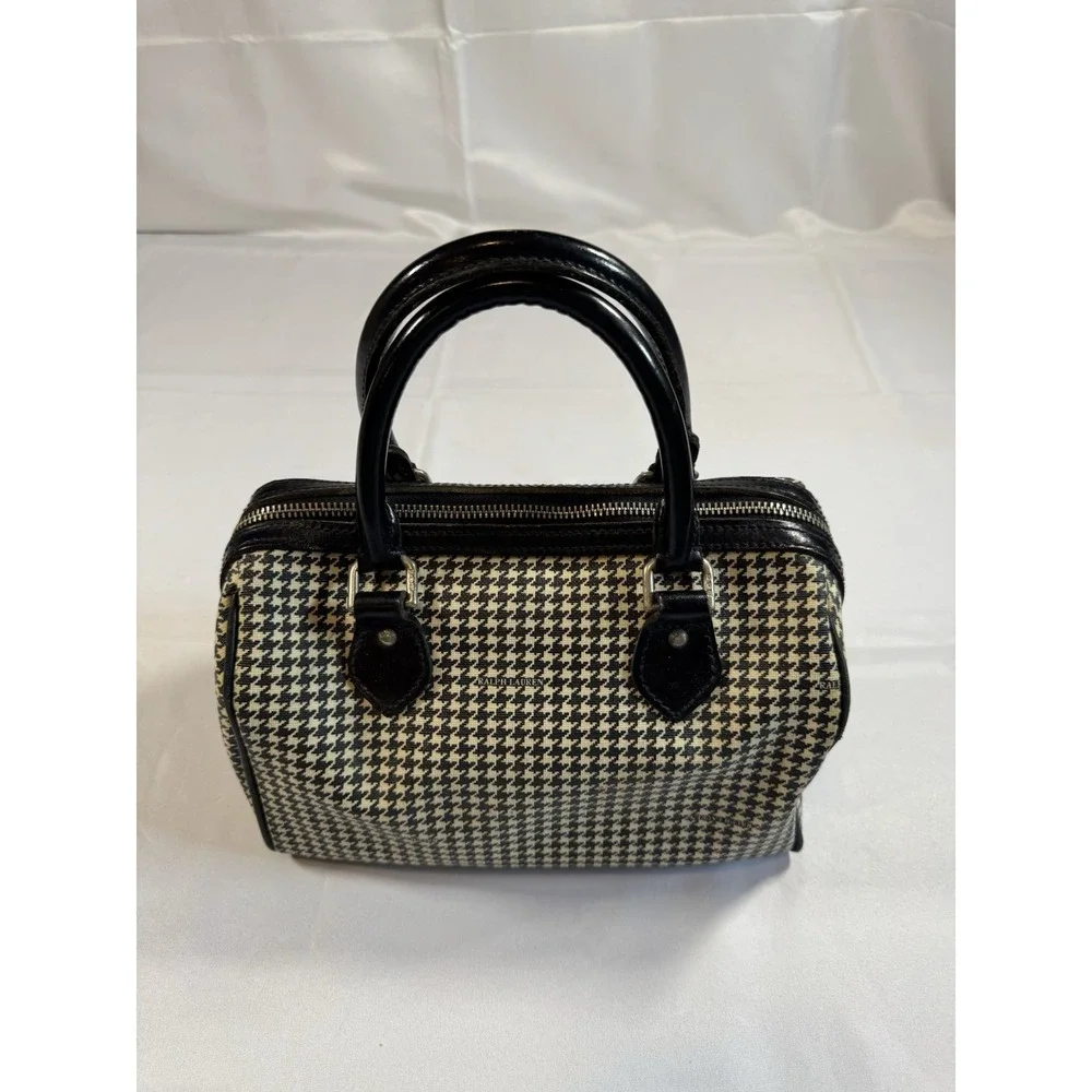 Vintage Ralph Lauren Black White Houndstooth Coated Canvas/Leather Boston Bag